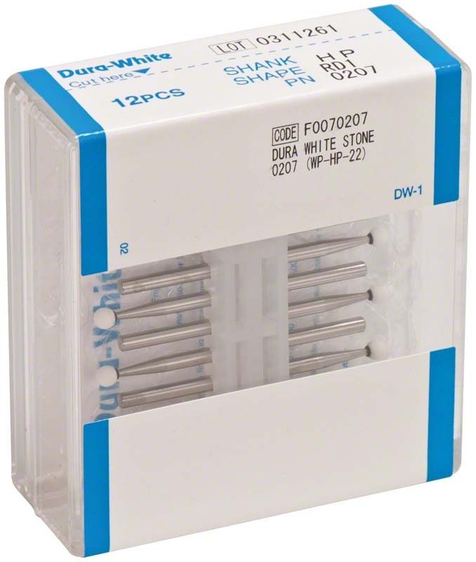 Dura-White® HP RD1 Fräserset mit 12 weißen Schleifsteinen in Kunststoffverpackung.
