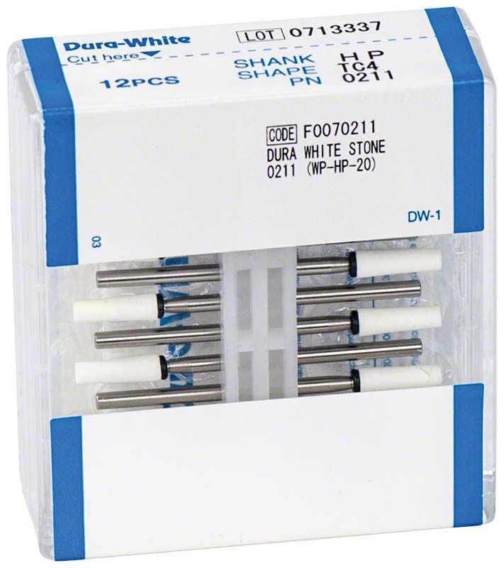 Dura-White® HP TC4 Schleifsteine in einer weißen Verpackung mit Etikett.