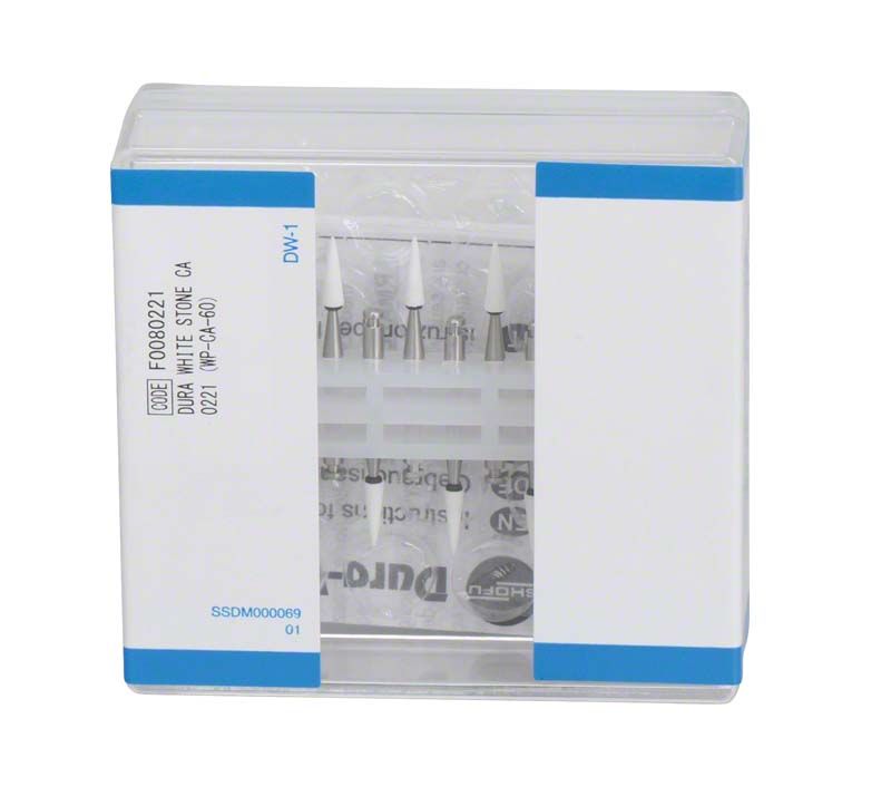 Verpackung der Dura-White® - RA CN1 Aluminiumoxid-Steine mit sichtbaren Etiketten.