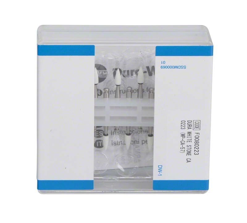 Verpackung der Dura-White® - RA FL2 Dentalsteine mit Sichtfenster.