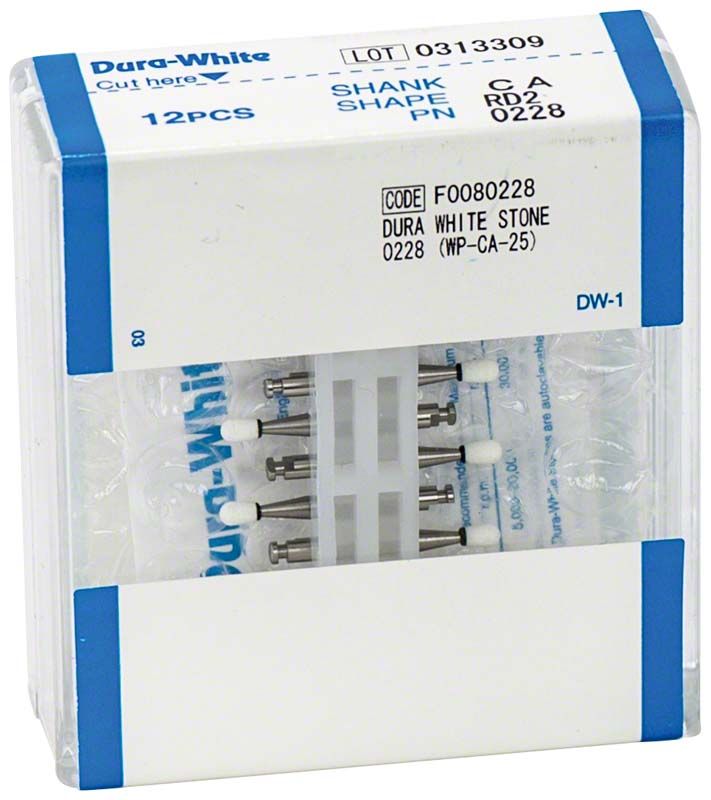 Verpackung mit 12 Dura-White® RA RD2 Schleifsteinen.