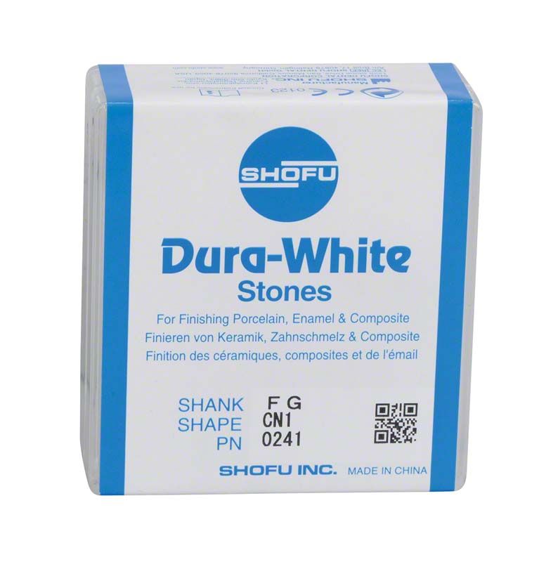 Dura-White® - FG CN1 Schleifstein-Verpackung mit Produktinformationen.