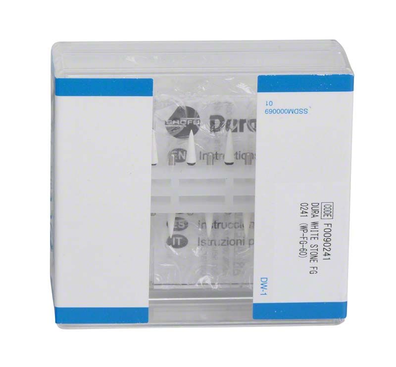 Verpackung des Dura-White® - FG CN1 Schleifsteins mit Produktinformationen und Barcode.