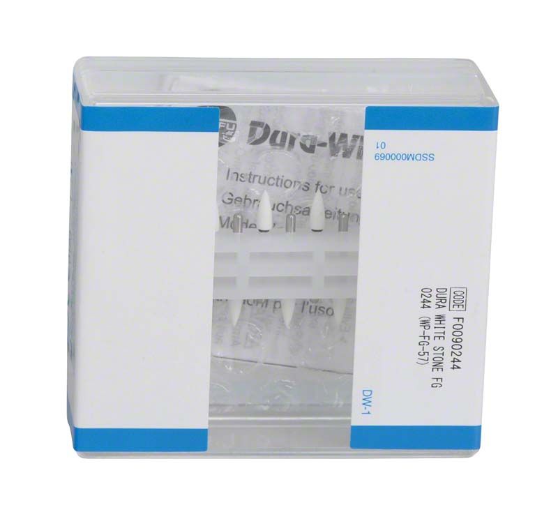 Verpackung der Dura-White® - FG FL2 Dentalsteine mit Produktinformationen.