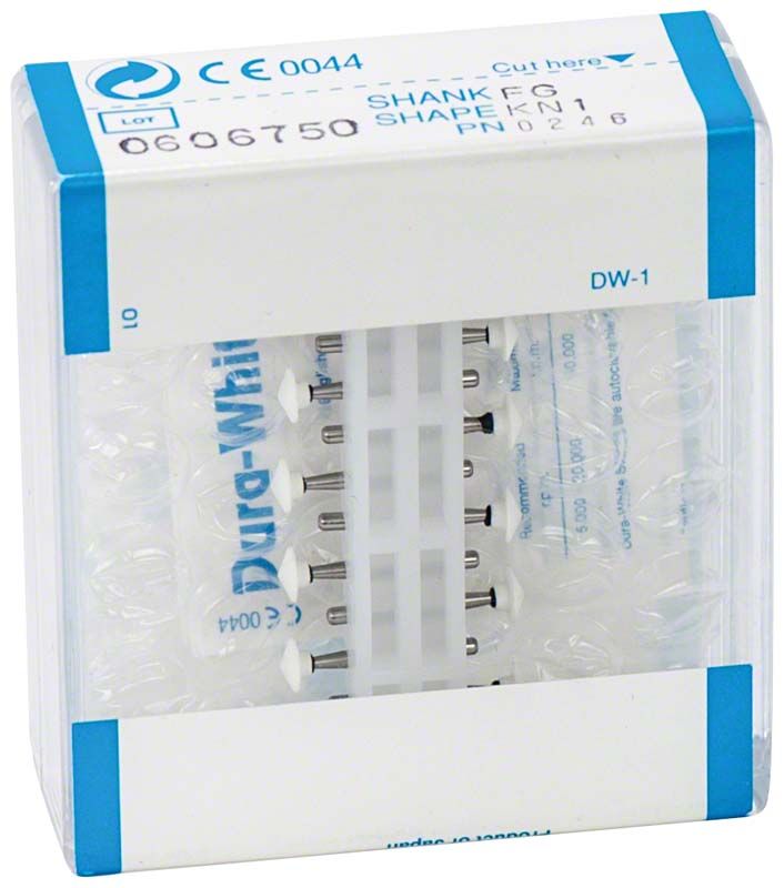 Verpackung von Dura-White® FG KN1 Dentalpolierer mit Sichtfenster.