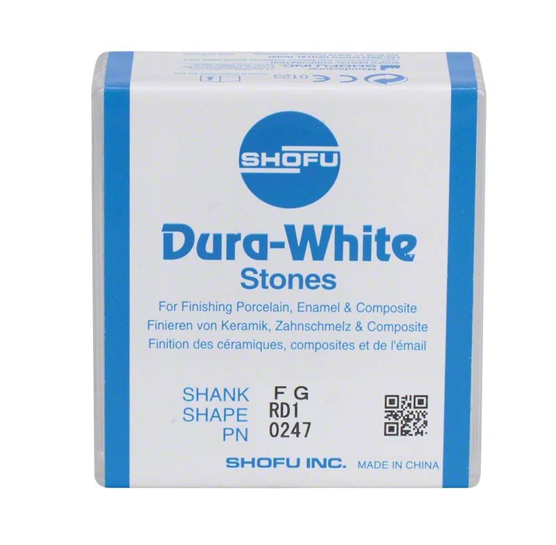 Verpackung der Dura-White® FG RD1 Keramik-Aluminiumoxid-Steine für Dentalanwendungen.
