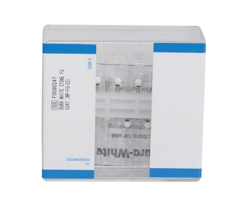 Kunststoffbox mit Dura-White® FG RD1 Keramik-Aluminiumoxid-Steinen für Dentalanwendungen.
