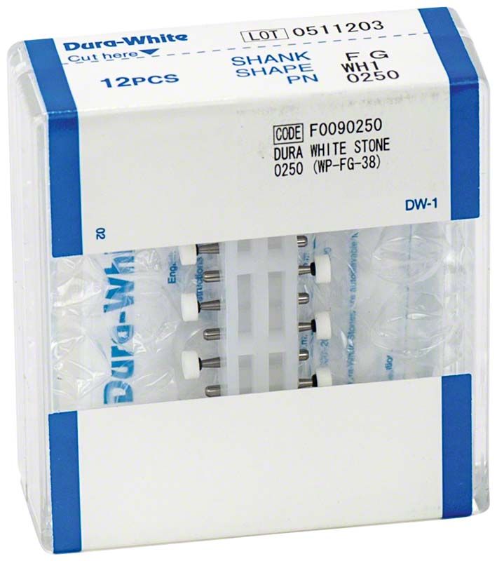 Verpackung von Dura-White® - FG WH1 Schleifsteinen, 12 Stück, mit Produktinformationen.