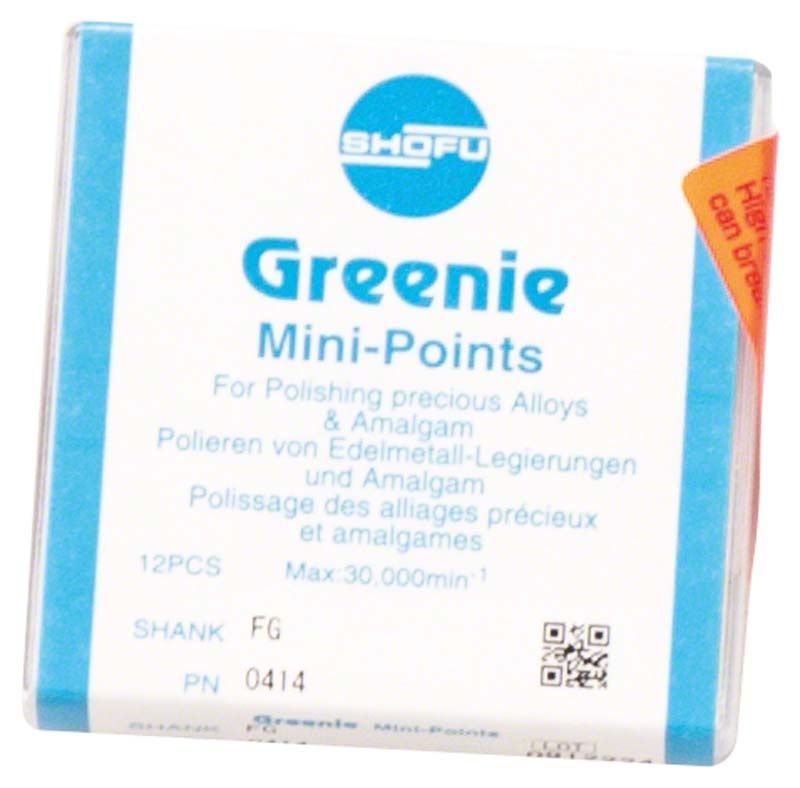 Verpackung von Greenie® Schaft FG - Minispitze, 12er, für Dentalpolitur.