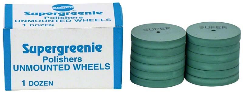 Supergreenie unmontierte Polierscheiben in grüner Farbe neben Verpackung.