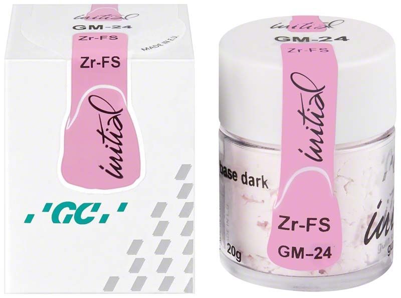 GC Initial Zr-FS GM-24 Keramikdose und Verpackung mit rosa Etikett.