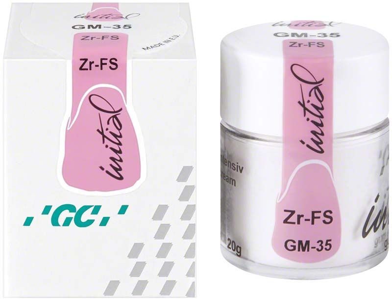 Glasbehälter und Verpackung der GC Initial Zr-FS Gum Shades GM-35 intensive cream.
