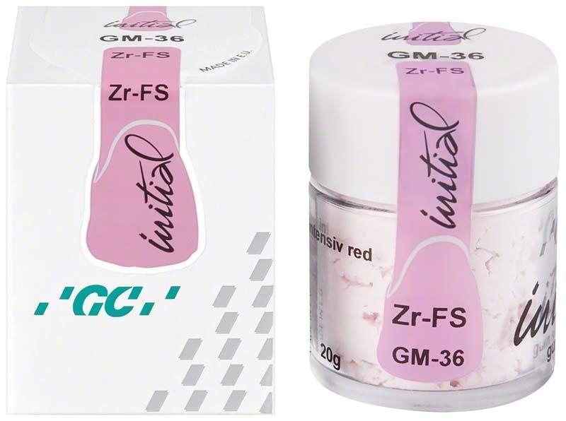 Glasbehälter und Verpackung von GC Initial Zr-FS GM-36 intensiv rot.