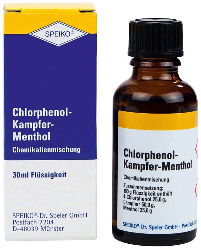 Braune Flasche mit ChKM-Lösung und Verpackung mit Produktinformationen.