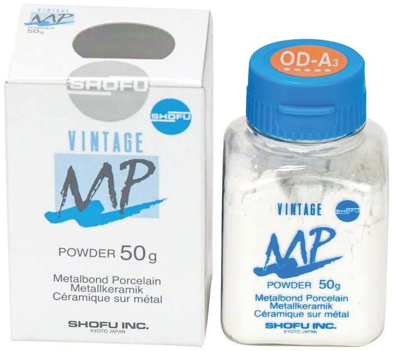 VINTAGE MP Opaque Dentin OD-A3, 50g Dose neben Verpackung.