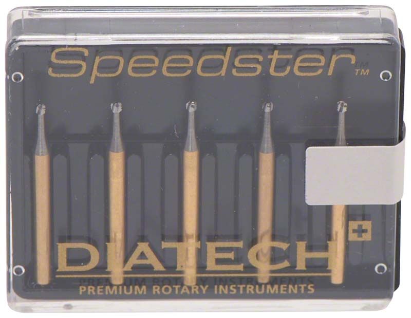 Kunststoffverpackung mit fünf DIATECH Speedster FG S1 010 Dentalbohrern.