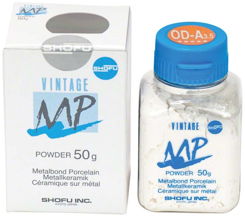 VINTAGE MP Opaque Dentin 50g OD-A3,5 Pulver in Kunststoffflasche mit blauer Kappe.