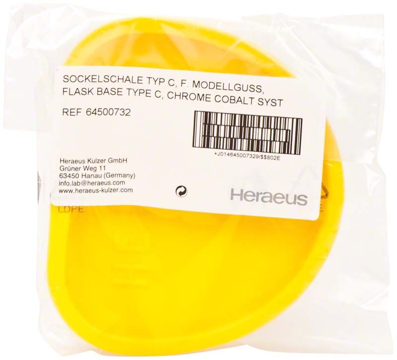 Sockelschale Typ C für dentalen Modellguss in gelber Verpackung.