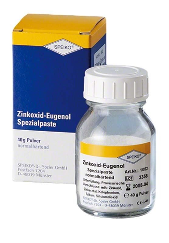 Zinkoxid-Eugenol Spezialpaste Pulverflasche und Verpackung mit Etikett.