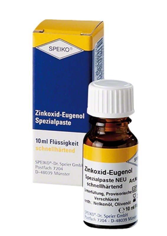 Zinkoxid-Eugenol Spezialpaste schnellhärtend, 10ml Flasche und Verpackung.