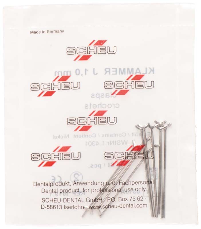 Zehn Edelstahl-KFO-Klammern in Verpackung mit Aufschrift "Scheu" und Produktdetails.