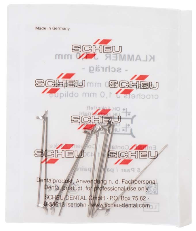 J-Klammern aus Edelstahl in Kunststoffverpackung mit Logo und Aufschrift "Scheu".