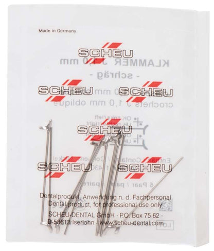 J-Klammern aus Edelstahl in Kunststoffverpackung mit Logo und Aufschrift "Scheu".