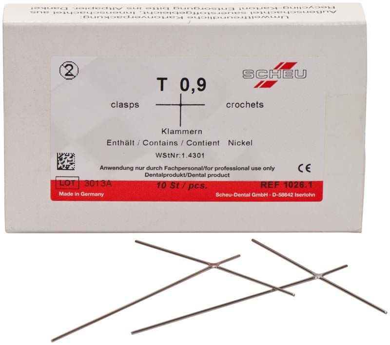 Verpackung der T-Klammer Ø 0,9mm mit Klammern auf weißem Hintergrund.