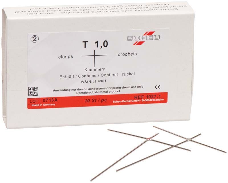Verpackung der T-Klammer Ø 1,0mm mit 10 Stück, inklusive Edelstahlklammern.