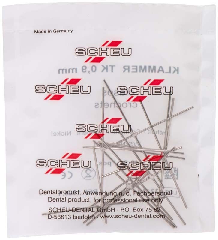 Verpackung von TK-Klammern Ø 0,9mm mit Edelstahlklammern sichtbar.