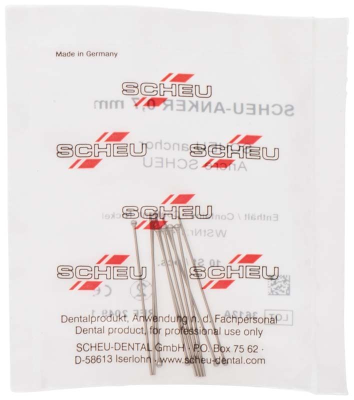 SCHEU-Anker Edelstahlstäbe Ø 0,7mm in geöffneter Verpackung, 10 Stück.