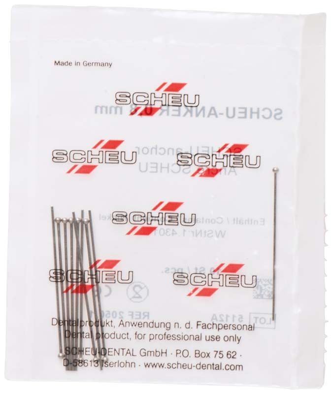 Packung mit zehn SCHEU-Anker Ø 0,8mm aus Edelstahl für Kieferorthopädie.