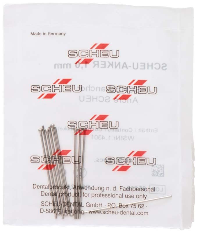 SCHEU-Anker Edelstahlanker KFO, 1,0mm, 10 Stück in Verpackung, Vorderansicht.