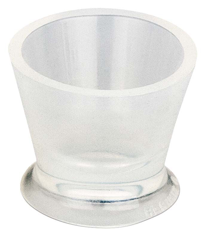 Transparenter Silikon-Mischbecher mit stabilem Saugfuß für Dentalanwendungen.