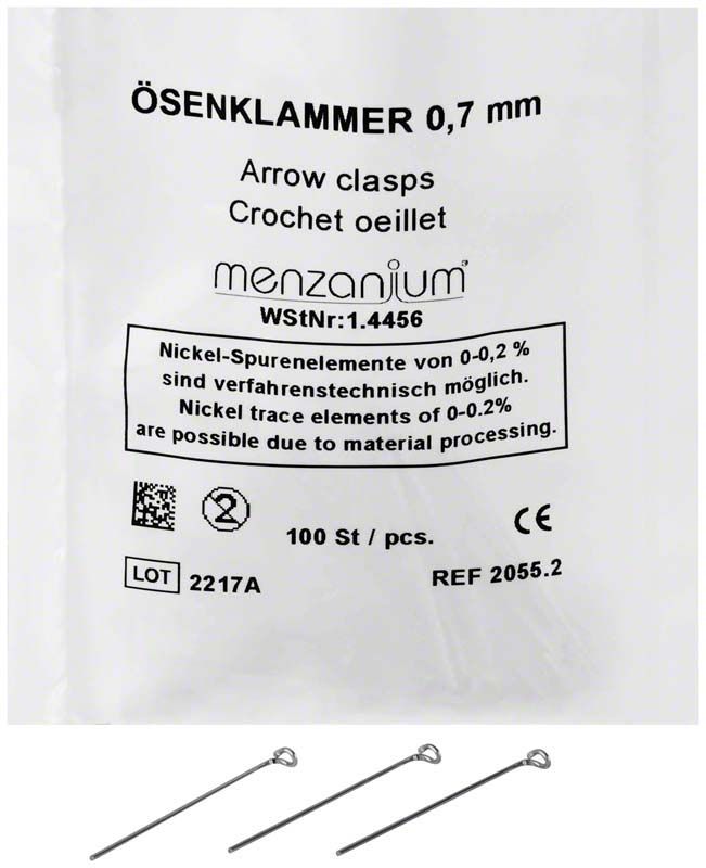 Ösenklammern-Verpackung mit Produktinformationen und drei Klammern darunter.