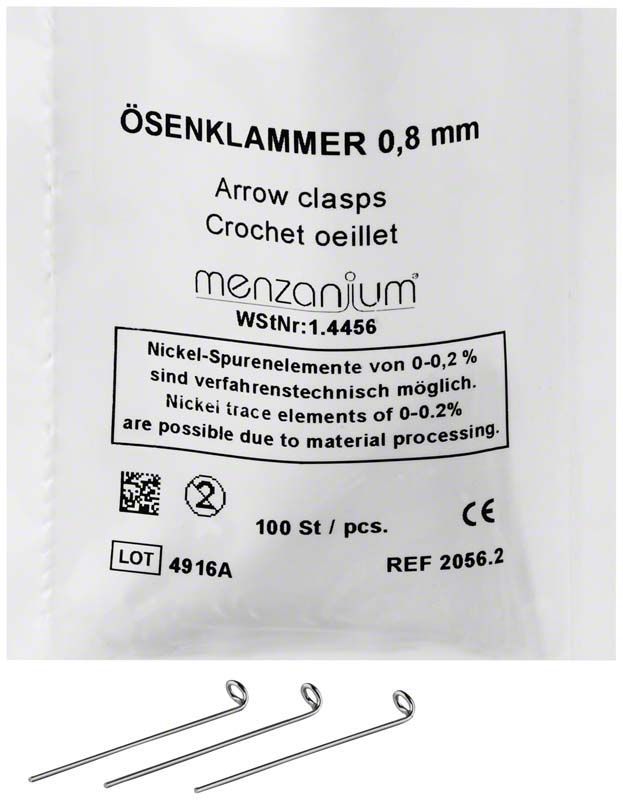 Verpackung der Ösenklammern MENZANIUM® mit drei einzelnen Klammern abgebildet.