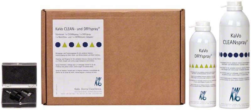 KaVo CLEANspray und DRYspray Flaschen neben Verpackung und Düsenaufsätzen.