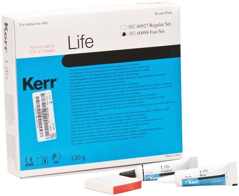 Kerr Life Fast Set 5 x 24g, Kalziumhydroxid-Pulpenüberkappung, mit Verpackung und Tuben.