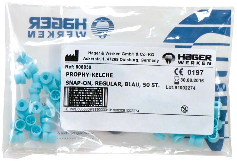 Prophy-Cup Regular Snap on, 50 Einweg-Prophylaxekelche in blauer Verpackung.