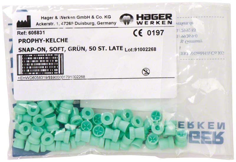 Prophy-Cup Soft Snap on in grüner Farbe, 50 Stück Verpackung.