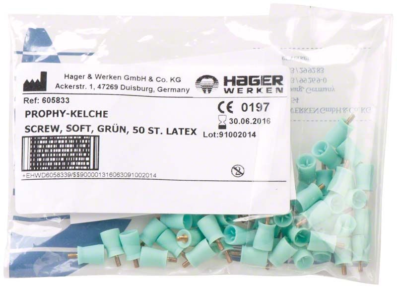 Prophy-Cup Soft, grüne Einweg-Polierkelche in transparenter Verpackung.