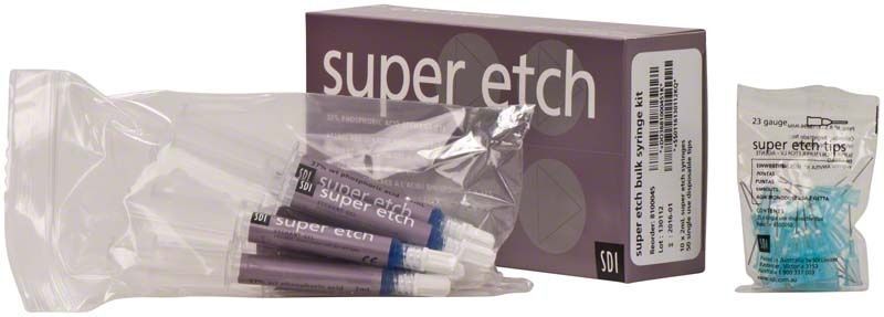 Super Etch Spritzen und Verpackung mit blauen Ätzgel in Klarsichtbeutel.