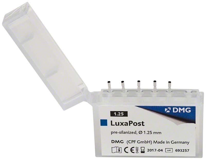 LuxaPost Stifte 1,25mm in geöffneter Verpackung mit fünf Stiften.