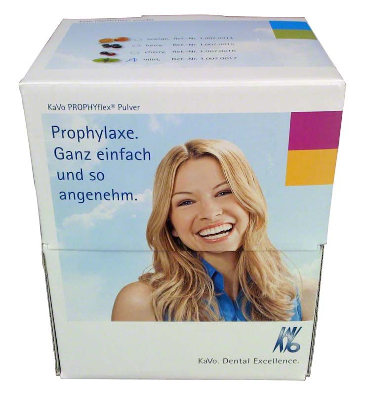 Verpackung des PROPHYflex™ Pulvers mit lächelnder Frau und Produktinformationen.