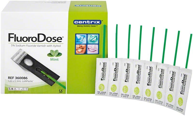 Verpackung von FluoroDose® 1200er Cherry Fluoridlack mit einzelnen LolliPacks.