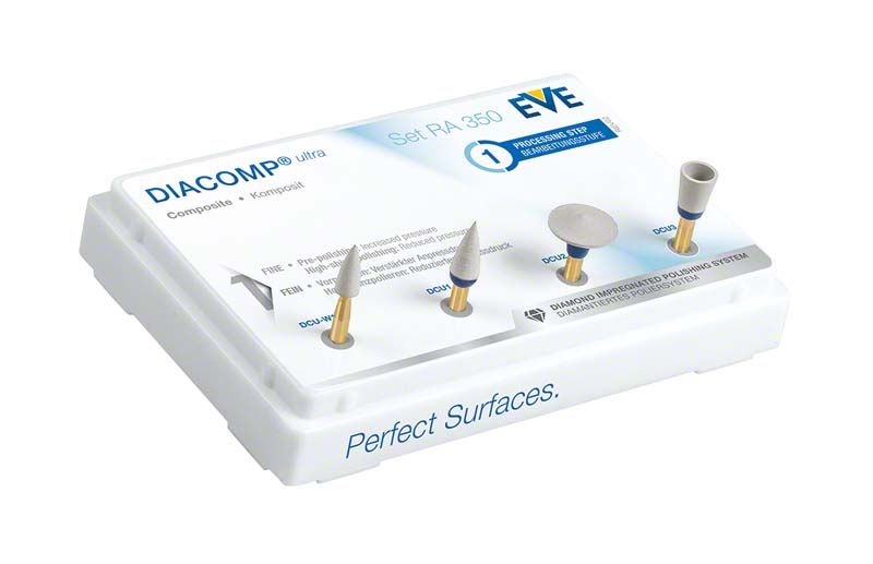 EVE DIACOMP® ultra Set RA 350 mit vier dentalen Polierern.