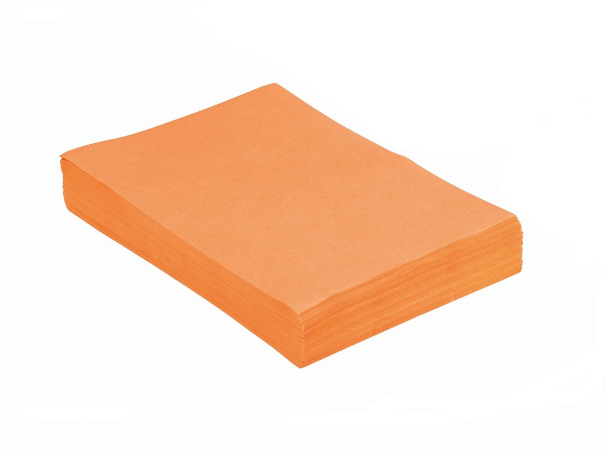 Monoart Traypapier orange für den dentalen Gebrauch, stapelweise angeordnet.