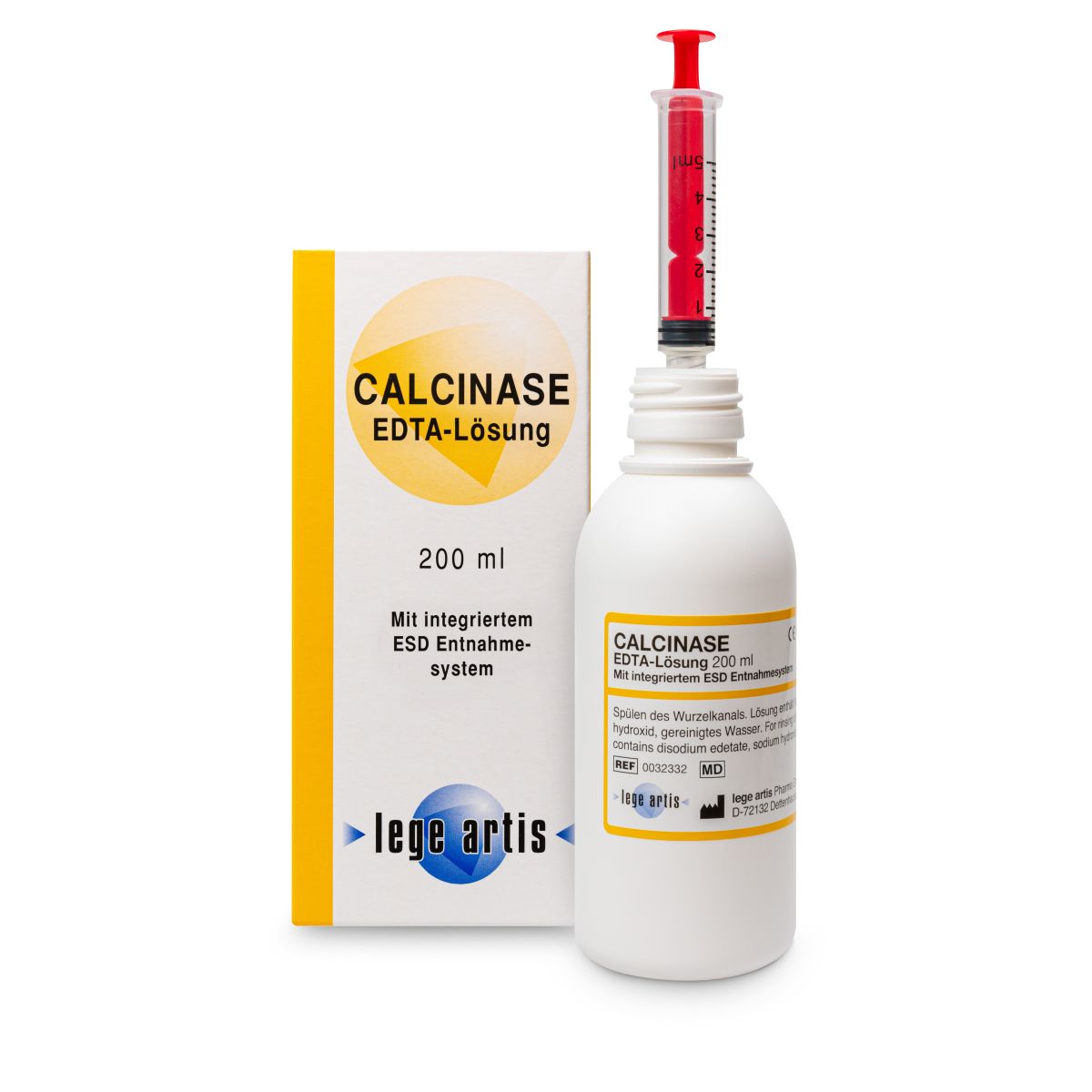 Calcinase EDTA-Lösung Flasche 200ml mit Verpackung und Spritze.