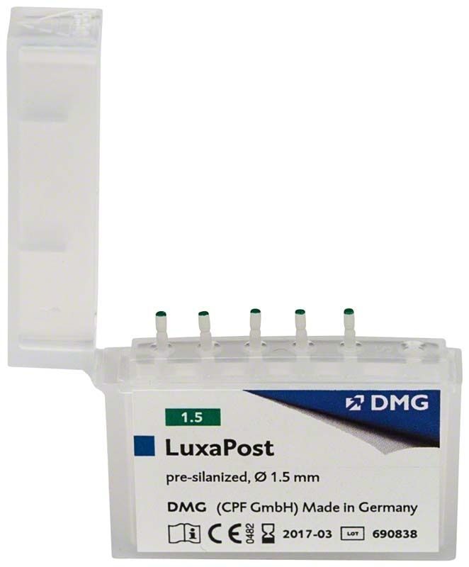 Geöffnete Verpackung von LuxaPost Stiften 1,5mm mit fünf Stiften.