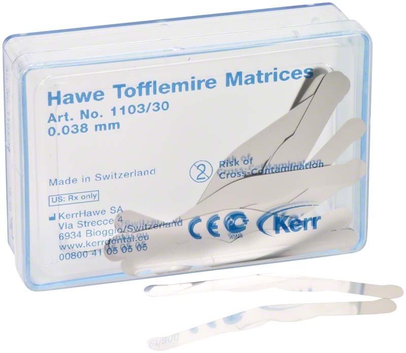 Hawe Tofflemire Matrizen 1103/30 Verpackung mit 30 dünnen Matrizen.